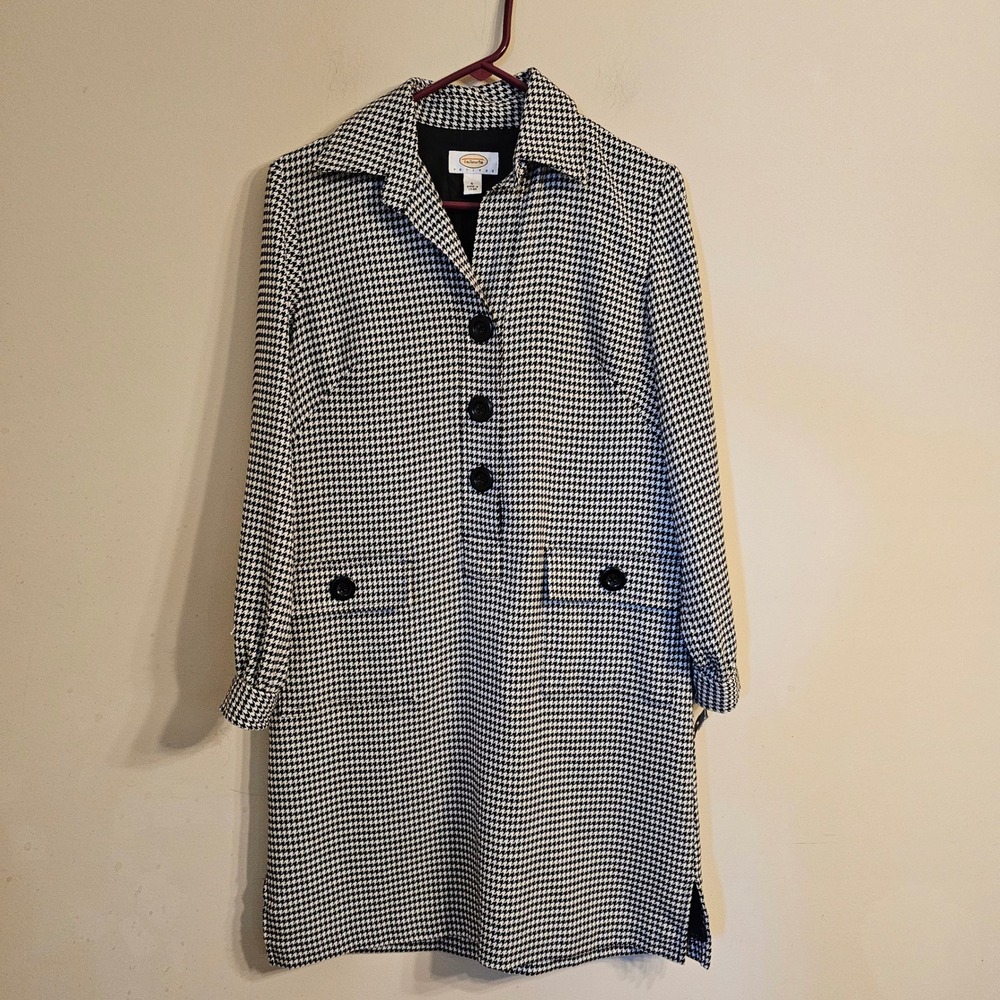 Talbots Houndstooth Dress Womens 6P Black White Button Front Flap Pockets NWT